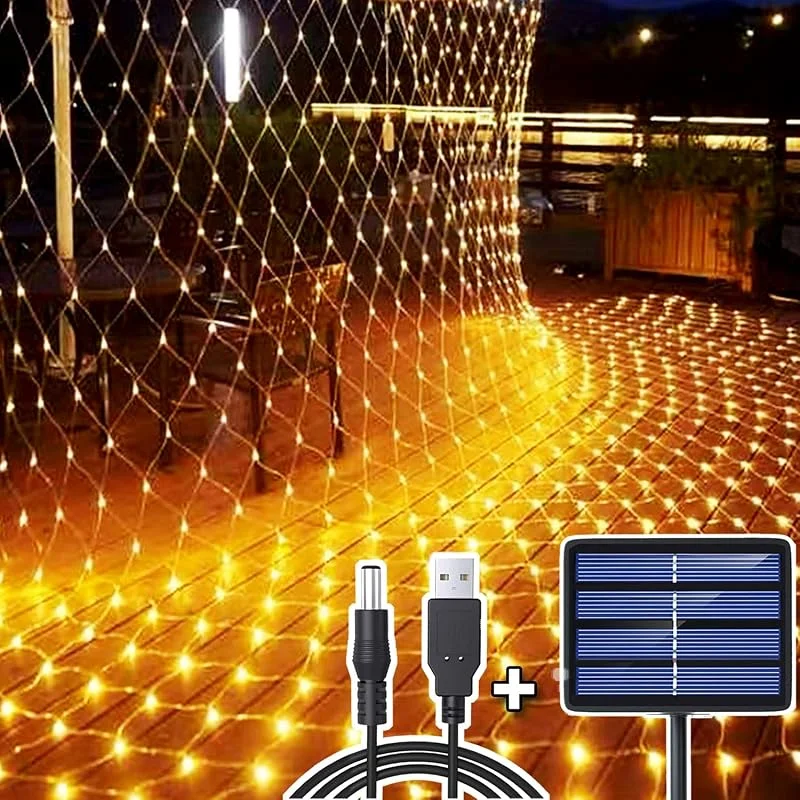 DIWUJI 204 LEDs Guirnaldas Neta Luz, 3M X 2M Impermeable de luz de Red Alimentado por Energía Solar, USB, Recargable Malla Cortina Luce de Iluminación para Navidad Decoración Interior Exterior, Blanco Cálido — Luces Navidad