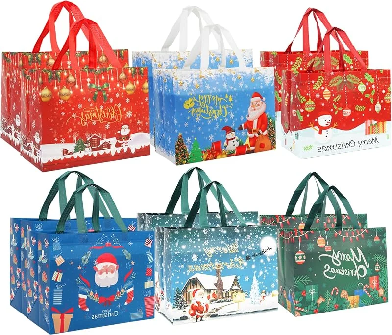 Alikiai 12 piezas Bolsa de Navidad no tejida, con asas Bolsas de compras reutilizables multifuncionales Bolsas de regalo navideñas para envolver regalos para fiestas de eventos navideños — Envoltorio regalo