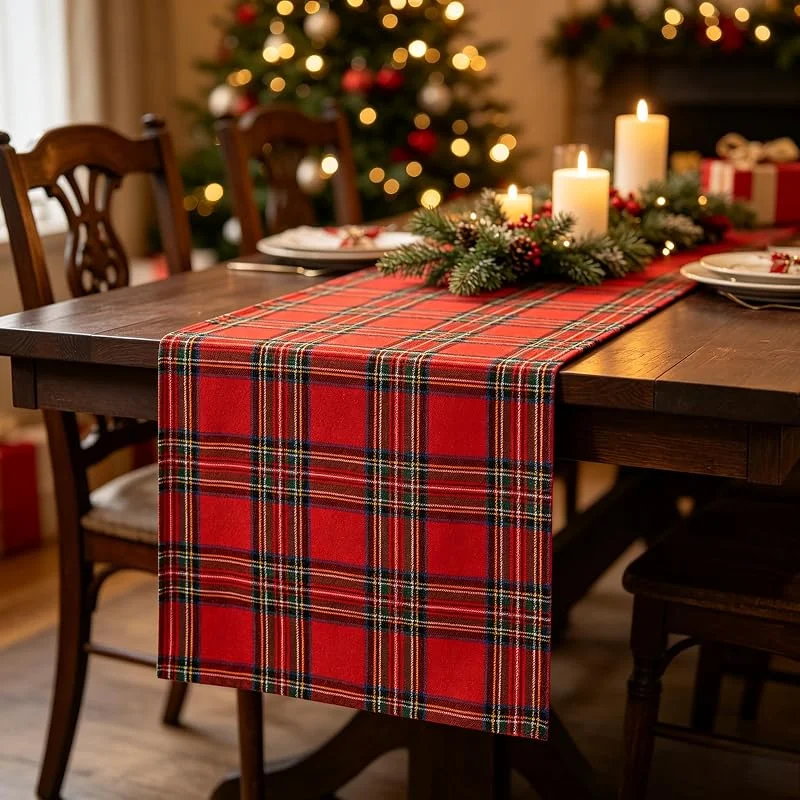 Camino de mesa de Navidad de 13 x 72 pulgadas, mantel a cuadros rojos para vacaciones, cocina, comedor, decoración de mesa de granja, lino a cuadros para fiesta de Navidad, cena, decoración del hogar — Adviento y mesa