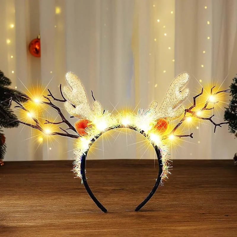 Reaky Diadema de Navidad iluminada con cuernos de reno, diadema de Navidad, accesorios para el cabello para mujer — Ropa Navidad