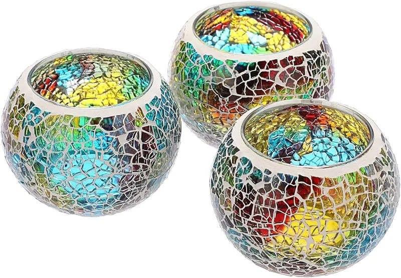 BSTKEY Juego de 3 portavelas de cristal con diseño de mosaico, portavelas decorativo, centro de mesa redondo para mesa, boda, fiesta, decoración del hogar (colorido) — Cena a la luz de velas