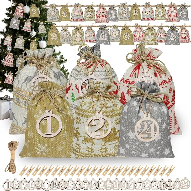 JINGTOPS Diy Bolsitas Calendario Adviento Para Rellenar, Tela Calendario Adviento Vacio Bolsas, 24 Bolsas De Navidad Con Etiquetas De Números De Madera, Relleno Chuches Papeleria Juguete Chocolate Para Niños — Adviento y mesa