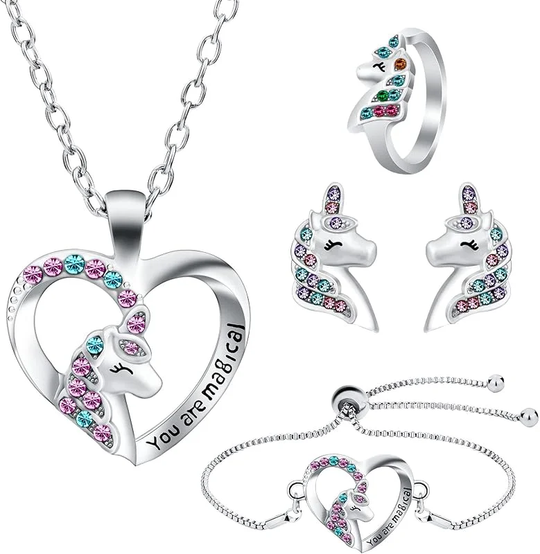 OSDUE Conjuntos de Joyas de Unicornio, Collares de Unicornio, Pulseras, Anillos, Pendientes, Joyería para Niñas, Regalos de Cumpleaño — Ropa Navidad