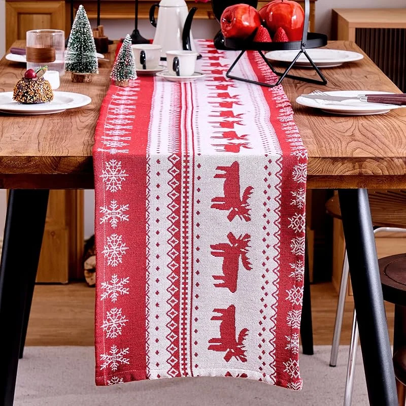 Dazhtu Camino de Mesa Navideño, Camino de Mesa de Lino Rojo Navidad con Renos y Copos de Nieve, Decoración Navideña de Invierno para Mesas de Cocina, Decoración de Fiestas de Interior (180x 35cm) — Hogar y cocina