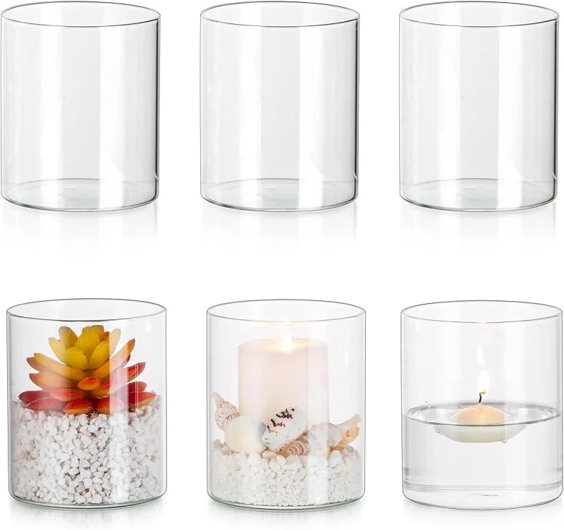 Glasseam Set De 6 Portavelas Huracán De Vidrio, Portavelas Cilíndricos Flotantes para Velas De Pilar, Portavelas De Pilar Jarrones Pequeños para Flores, Portavelas Transparentes para Centro De Mesa — Cena a la luz de velas