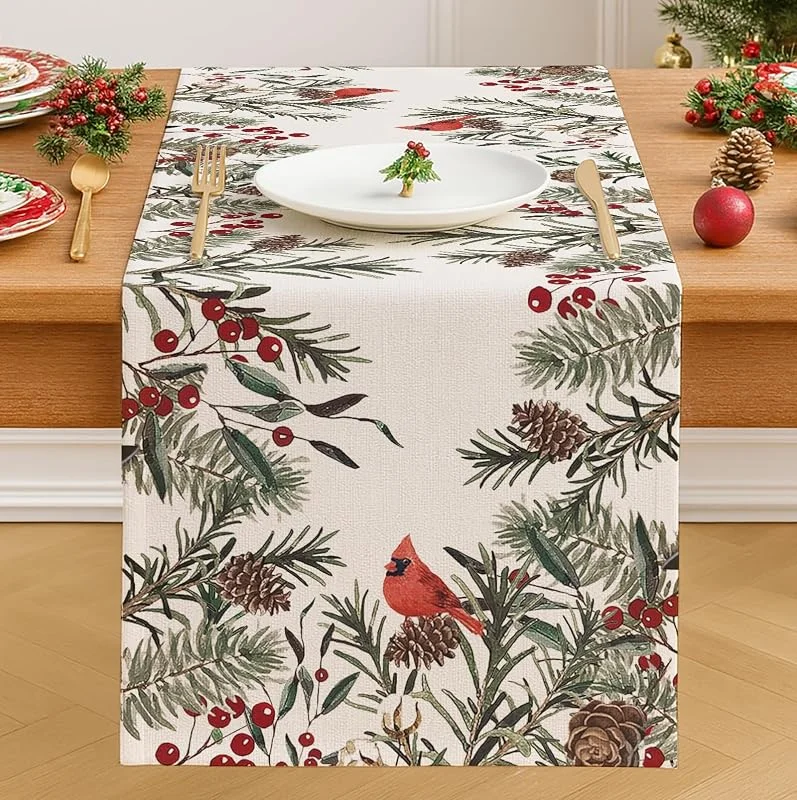 Vorysum Camino de Mesa de Navidad Rojo con Árboles de Navidad y Copos de Nieve – 40x140 cm, Tecido en Lino para Decoración Navideña — Hogar y cocina