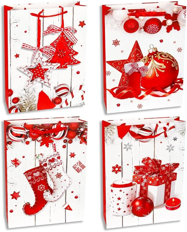 Visita la tienda de Jonami Bolsas de Regalo Navideñas Tamaño XL Extra Grande - 4 Piezas - con 4 Diseños de Navidad, Papel de Regalo y Adornos de Fiesta (42x30x12cm) — Envoltorio regalo