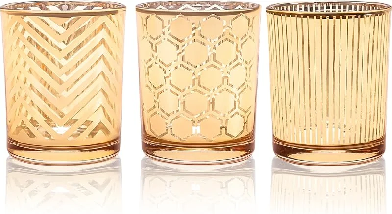 Toptime Juego de 3 portavelas de Cristal Dorado, decoración de Mesa, Vasos románticos con diseño de Ondas, Rayas y panales, portavelas para Navidad, cumpleaños, Bodas, Fiestas — Adviento y mesa