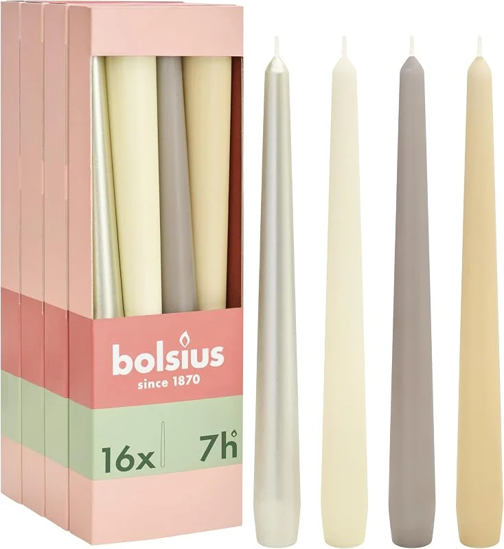 Visita la tienda de Bolsius Bolsius Velas Cónicas Lisas – Set de 16 – Pillow Talk – Velas Decorativas para el Hogar – Larga Duración – Sin Aroma – Cera Natural de Origen Vegetal – Sin Aceite de Palma — Cena a la luz de velas