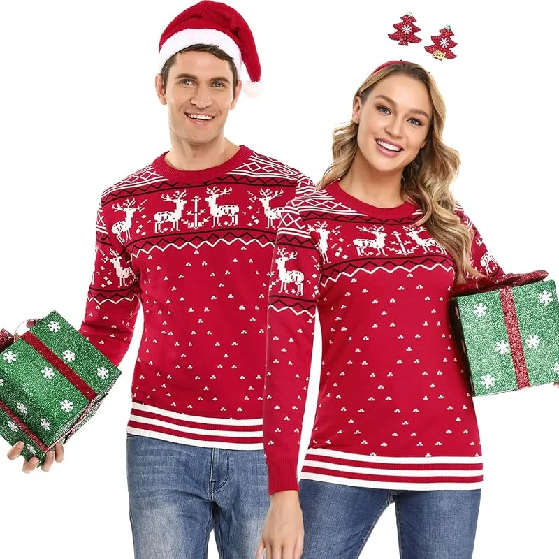 Visita la tienda de Litherday Litherday Jersey Navidad Mujer Hombre Unisex Suéter Navideño Pareja y Familia con Copos de Nieve y Reno, Ropa Navidad Divertida, Regalo Original S-XXL