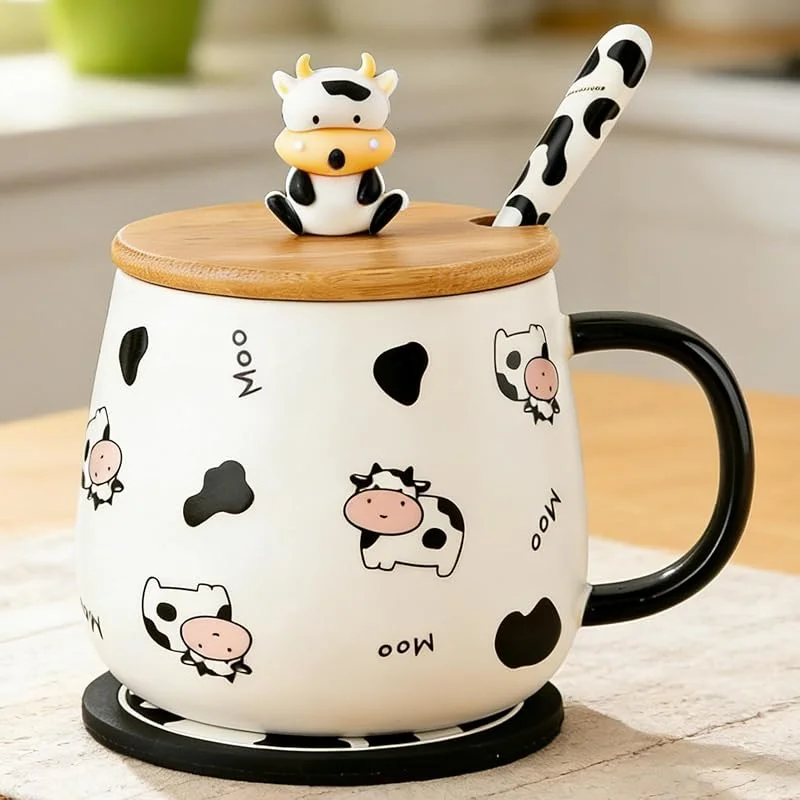 Disoza Taza de vaca con tapa regalo de vaca taza de té de cerámica con cuchara y posavasos té café vaca taza 420ml taza de café taza de Navidad regalo de cumpleaños para mujer novia niños — Adviento y mesa