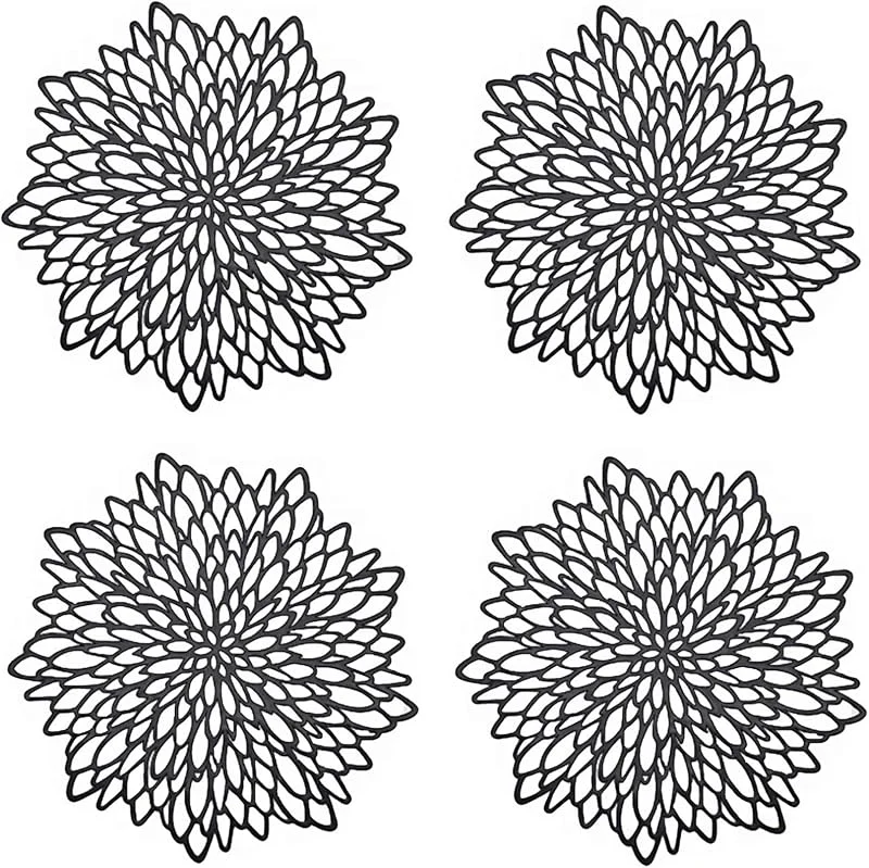 Spldsun 4 Piezas Manteles Individuales Huecos de Negro, Manteles Individuales Redondo Hueco Flor Posavasos, Mantel Antideslizante de Hoja de Vinilo Laminado, para Decoración de Mesa (Negro) — Hogar y cocina