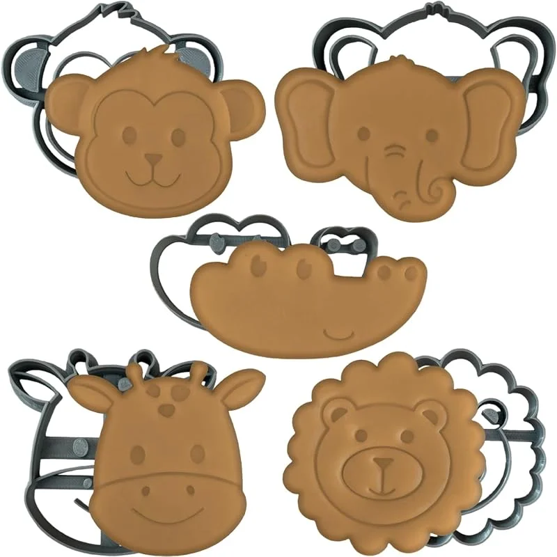 MOOSE GOODS Safari - Cortadores de galletas con sellos – Juego de 5 cortadores de galletas con elefante, jirafa, mono, león y cocodrilo – Bonito paquete variado de cortadores de galletas para — Hogar y cocina
