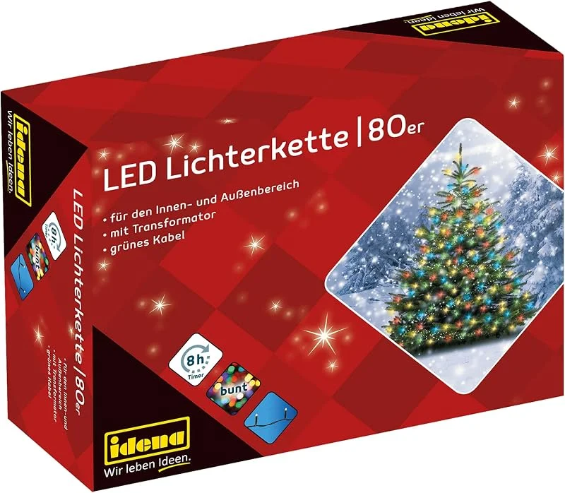 Visita la tienda de Idena Idena 8325059 - Cadena de luces LED con 80 LEDs de colores, con función de temporizador de 8 horas y transformador, para uso en interiores y exteriores, para fiestas, navidad, decoración, bodas — Luces Navidad