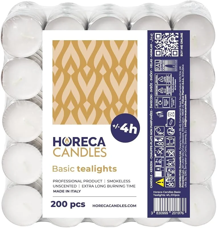 Horeca Candles - Velas de té Blancas - 4 Horas de Duración - Paquete de 200 Unidades - Candelitas Decorativas Sin Perfume - Para Boda, Relajación, Cumpleaños — Cena a la luz de velas