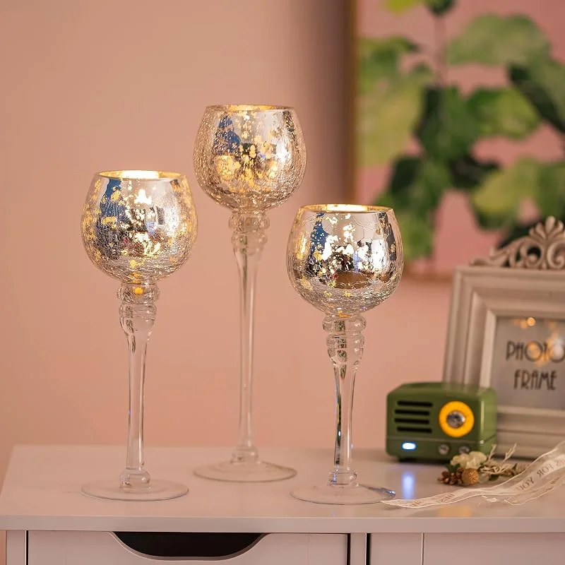 Romadedi Portavelas de Cristal Plateado - Juego de 3 Unidades Decorativo Mercurio para Velas de Té y Votivas, 23, 5, 25, 5, 31, 5 cm, Decoración de Mesa para Salones y Bodas — Adviento y mesa