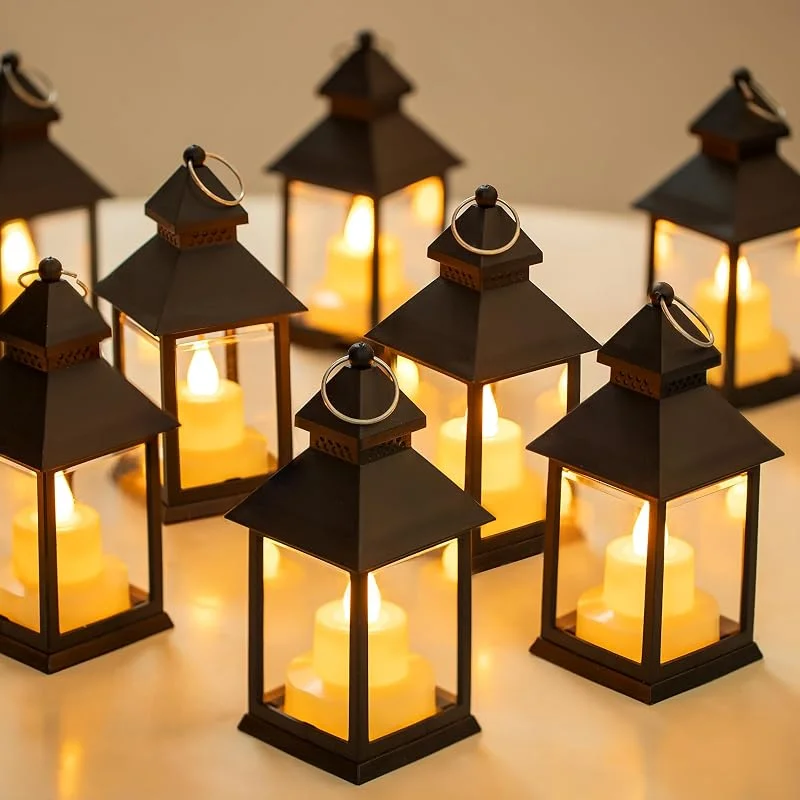 Romadedi Farolillo negro para decoración de mesa al aire libre – Juego de 20 mini farolillos LED de metal para colgar para Halloween, boda, mesa, Ramadán, jardín, Navidad, balcón, interior, exterior — Cena a la luz de velas