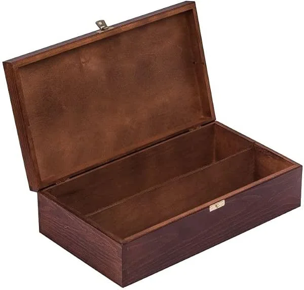 Wooden World - Elegante caja de madera de dos compartimentos para vino y regalos en color marrón oscuro — Vino y mesa festiva
