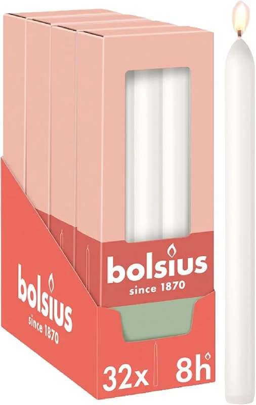 Visita la tienda de Bolsius Bolsius - Velas de cena lisas - 23 cm - 32 piezas - Blanco – Velas decorativas – sin aceite de palma — Cena a la luz de velas