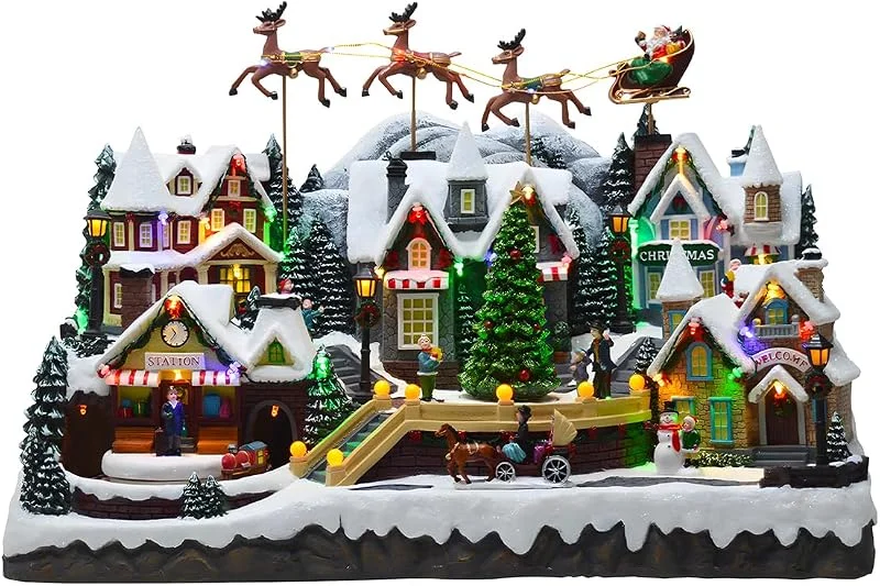 Wintem Pueblo navideño con iluminación LED y música, 37 x 55 x 33 cm – Decoración navideña en Movimiento Ideal para Decorar el hogar – Fabricado en Materiales Resistentes y Pintado a Mano — Decoracion Navidad