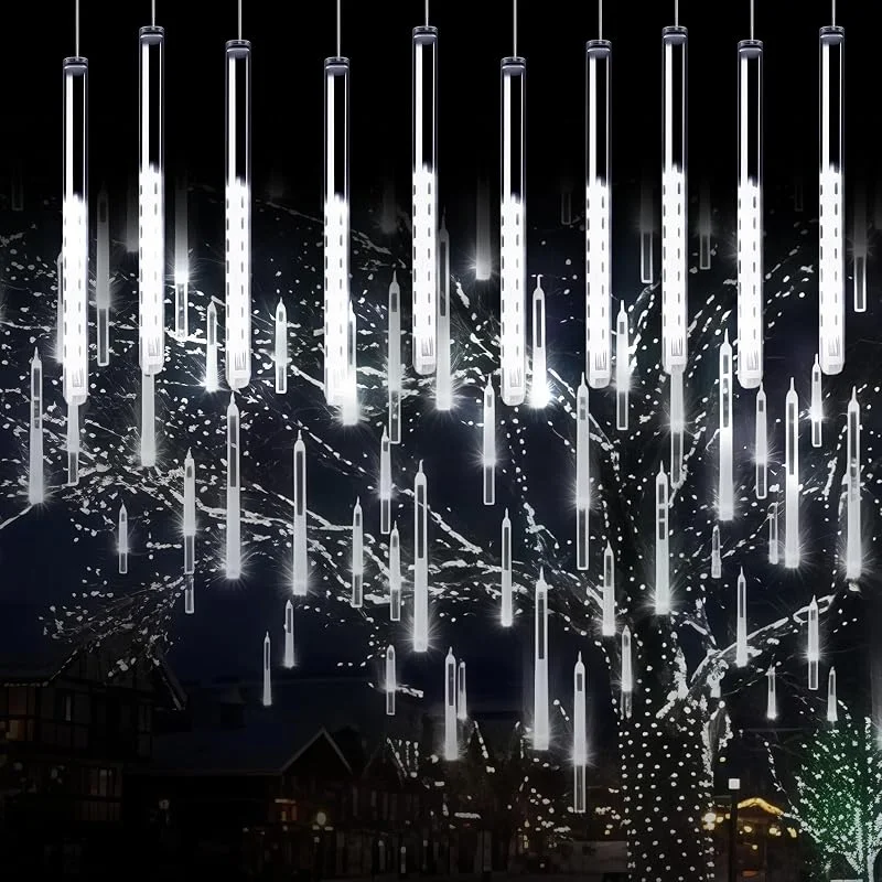 VEGOATY 240 luces LED de lluvia de meteoritos, 30 cm, 10 tubos, cadena de luces para exteriores, impermeable, para balcón, decoración navideña, exterior, color blanco — Luces Navidad