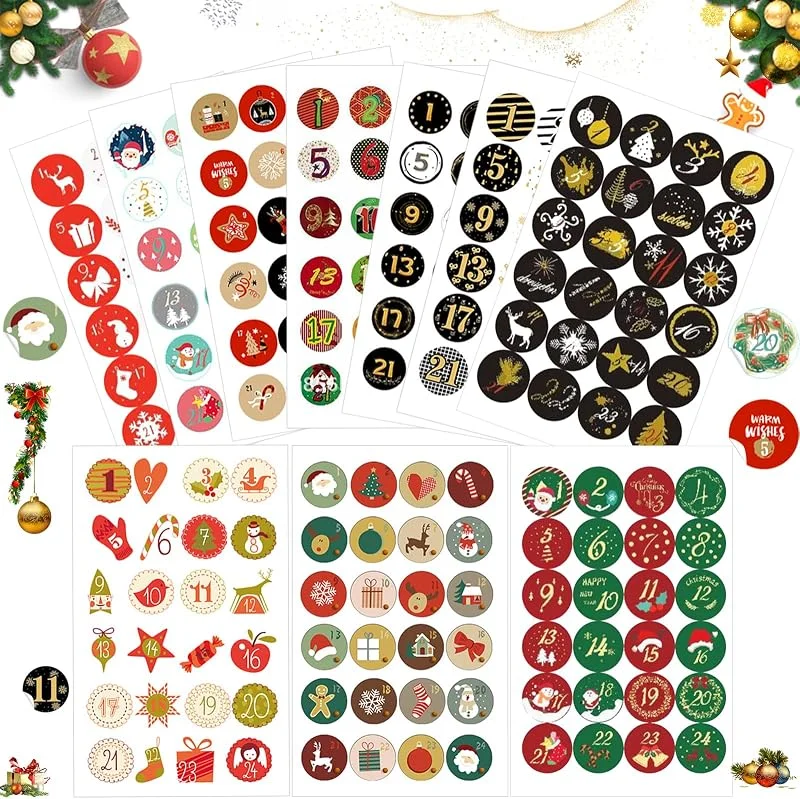 Sunshine smile 10 PCS Pegatinas Calendario Adviento, Pegatinas de Navidad Calendario, Pegatinas Decoraciones Navideñas, Pegatinas de Navidad para Regalos, para Calendario de Advient — Envoltorio regalo