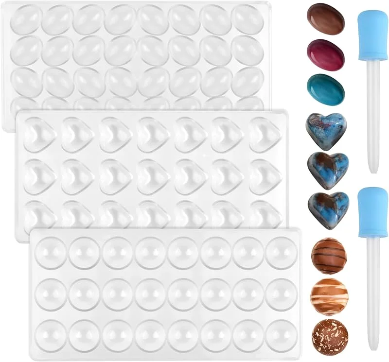Kigift 3 moldes de policarbonato para chocolate, molde transparente para caramelos con 2 cuentagotas, moldes 3D para gelatina, dulces, cubitos de hielo — Hogar y cocina
