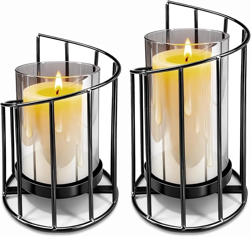 Coco Berming 2 Pieza Metal Vidrio Pilar Candelabros, Cilindro de Cristal con Base de Metal para Velas Apto Decoración Mesas en Interiores Exteriores (Negro) — Cena a la luz de velas