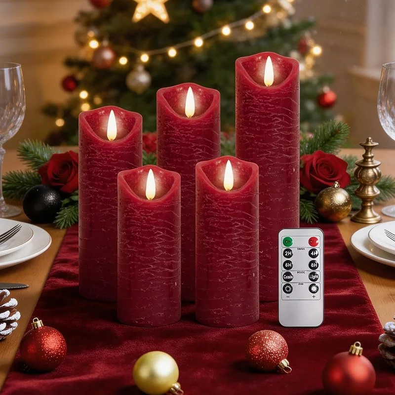 Visita la tienda de AiiBowy LED Velas Sin Llama [5 piezas] Cera Real, No plastico, Velas al aire libre, llama parpadeante, Control remoto, Función de temporización, Ajustar las luces, Navidad, Cumpleaños - Rojo — Cena a la luz de velas