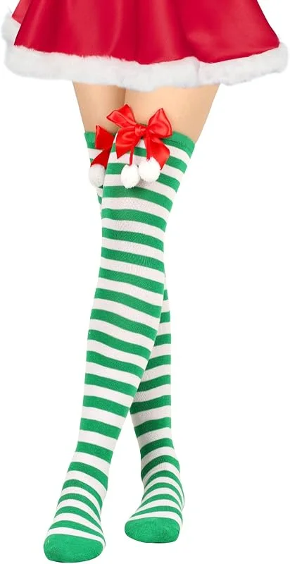 LXONTSG Rodilla Calcetines Navideño, 1 Pares Medias Fiesta Navideño, Calcetines Largos Navideño, Largos Rayado Calcetines, Navidad Largas Medias, Sobre Rodilla Medias, para Niñas y Mujeres (Verde Blanco) — Ropa Navidad