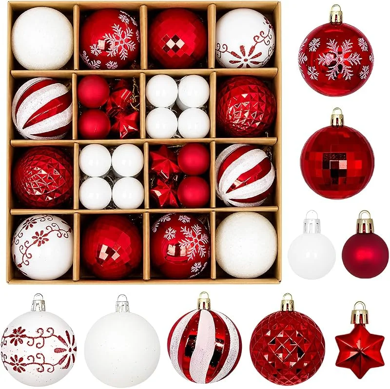 YKTOZU 44 Bolas Navidad, Plástico, Rojo, Blanco, Set — Decoracion Navidad