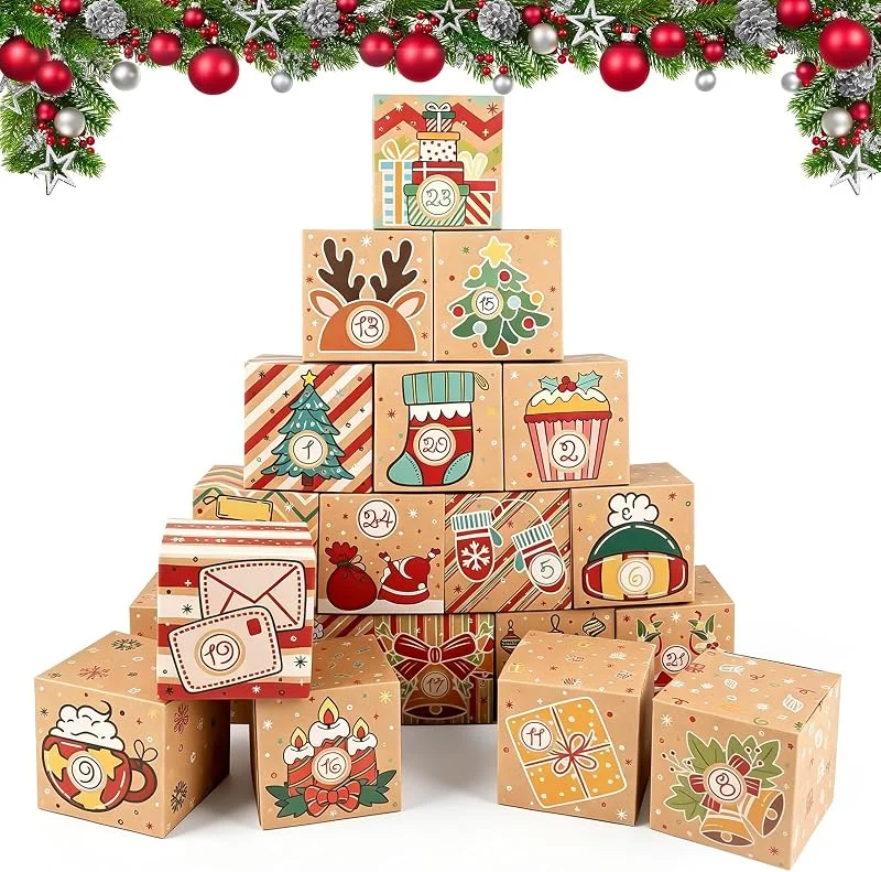 LQTSLFM 24 Cajas de Calendario de Adviento para Rellenar, Cajas Cuadradas Navidad — Adviento y mesa