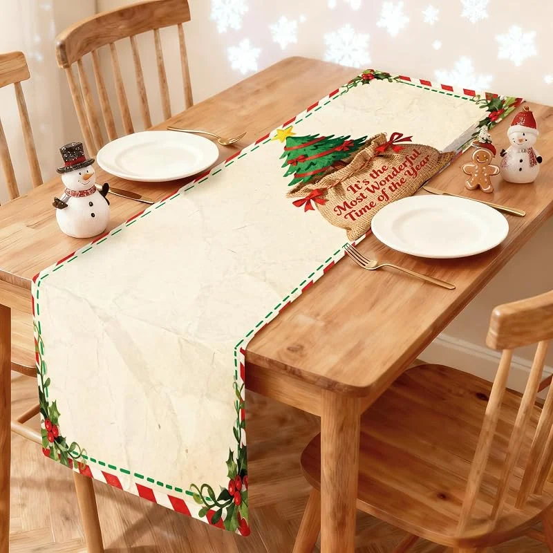 Camino de mesa de Navidad de 13 x 36 pulgadas, decoración de mesa de comedor de cocina de invierno, estampado vintage con árbol de Navidad en saco para decoración festiva del hogar — Adviento y mesa