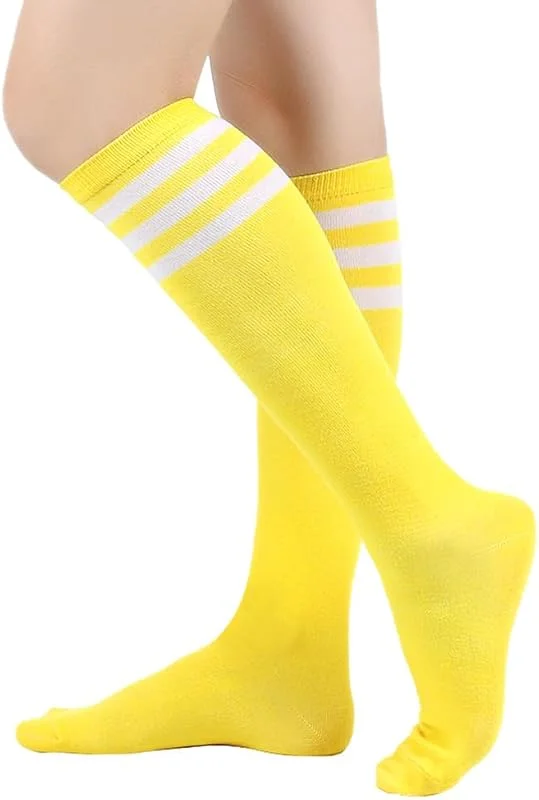 BrightGlow Medias hasta la rodilla para mujer, calcetines altos retro con rayas, muslo largo, calcetines altos, medias a rayas, calcetines deportivos, talla única — Ropa Navidad
