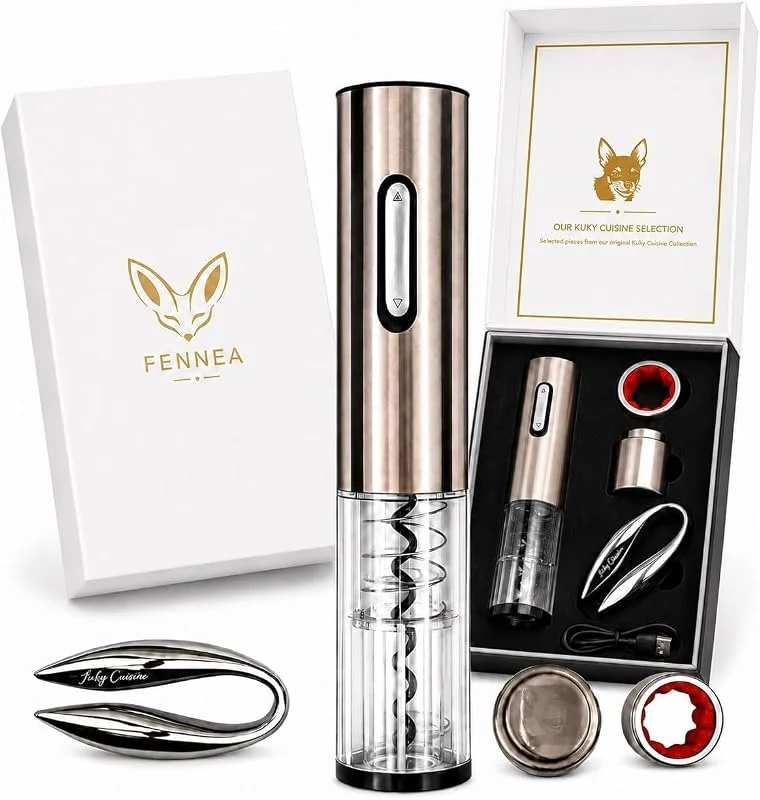 Visita la tienda de FENNEA Sacacorchos Eléctrico Recargable para Vino con Cortacápsulas, Tapón de Vacío y Anillo Antigoteo, Set Abridor en Caja Regalo — Vino y mesa festiva
