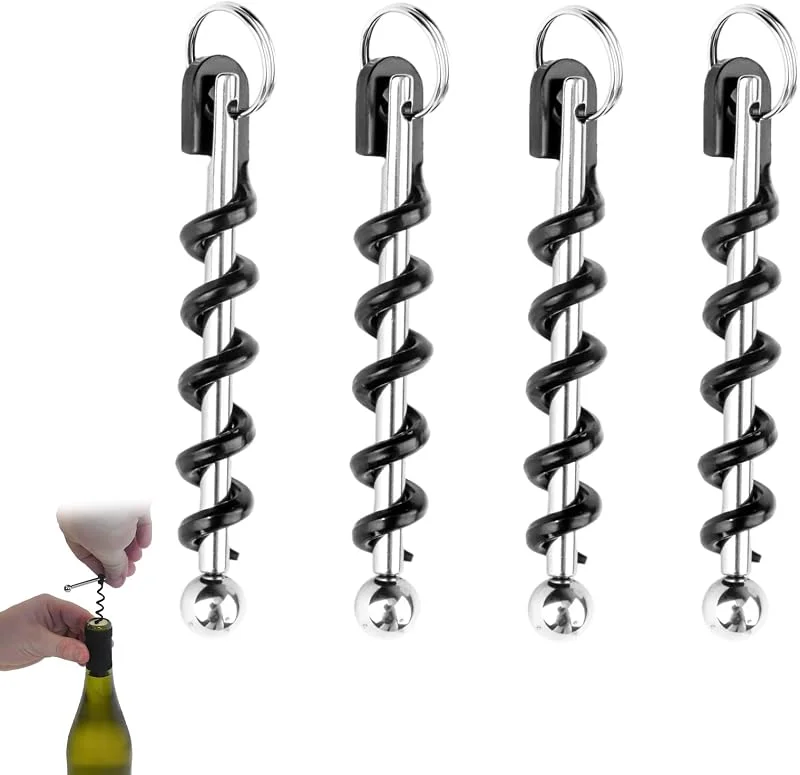 Dargkwn 4 llaveros sacacorchos, abridor de vino, sacacorchos, abridor de vino portátil para picnics al aire libre, camping y fiestas, apertura sin esfuerzo y espiral reforzada — Vino y mesa festiva
