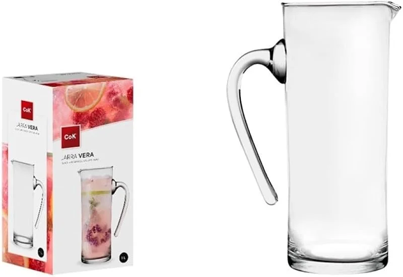 Makio M Jarra de Vidrio Transparente con Asa, diferentes medidas, Apta para Lavavajillas, Estilo Moderno (1 Litro Alargada) — Vino y mesa festiva