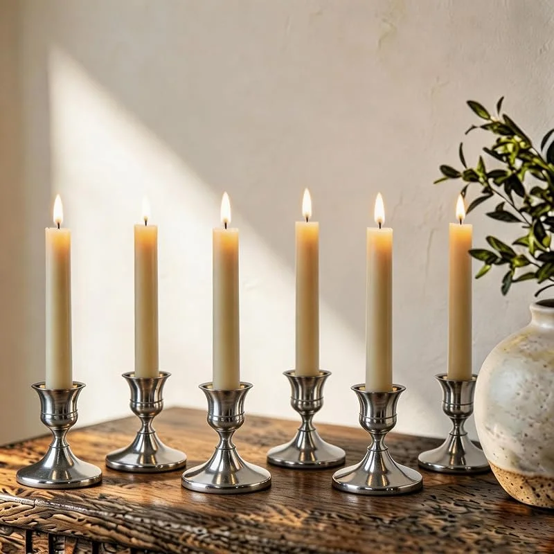 AUMAYCO Juego de 6 candelabros plateados, portavelas de varilla, portavelas plateadas, portavelas vintage de metal para cenas, bodas, casa, decoración de mesa, decoración de chimenea, luz de velas — Cena a la luz de velas