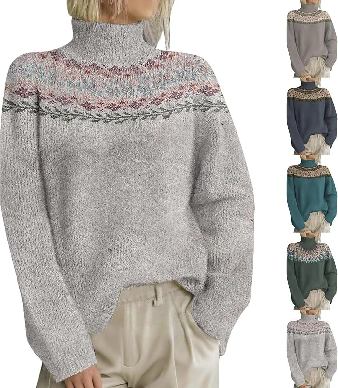 Generic HUIFUAO - Jersey de cuello alto para mujer, talla grande, cuello alto, nórdico, islandés, noruego, suéteres vintage de Navidad, suéteres cálidos de invierno, gruesos, de punto, suaves, de manga larga — Ropa Navidad