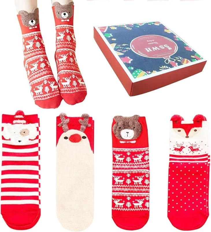 Qunkun 4 pares de calcetines de algodón de Navidad para mujer, calcetines de regalo de Navidad, lindos patrones de animales, calcetines de dibujos animados para el hogar, adornos de Navidad, regalos — Decoracion Navidad