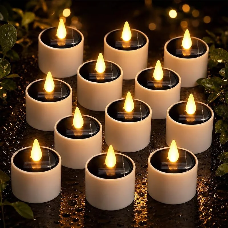 HuaMuDM Velas LED Solares, 12 Piezas Velas de té LED solares para exteriores — Cena a la luz de velas