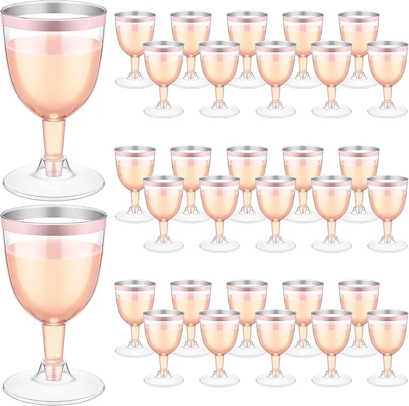LATERN 50 Piezas Copas de Vino con Borde de Oro Rosa, 170ml Reutilizables Copas de Cata de Vino de Plástico Copas de Vino de Fiesta con Tallo para Whisky Champán Cerveza Cóctel Martini (13, 5 x 6, 5cm) — Vino y mesa festiva