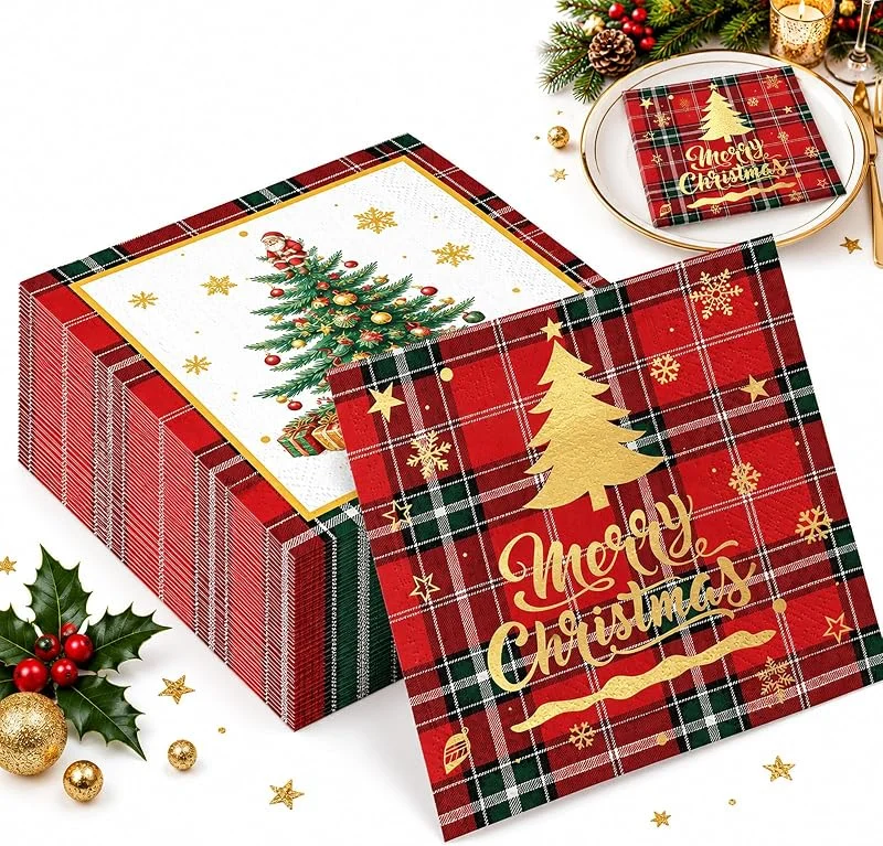 BIVYAX 48 Servilletas de Papel Navidad 33 x 33 cm, Servilletas Navideñas Rojas con Árbol Merry Christmas, Servilletas Mesa Navidad Estampado Tartán para Decoración Navideña — Adviento y mesa