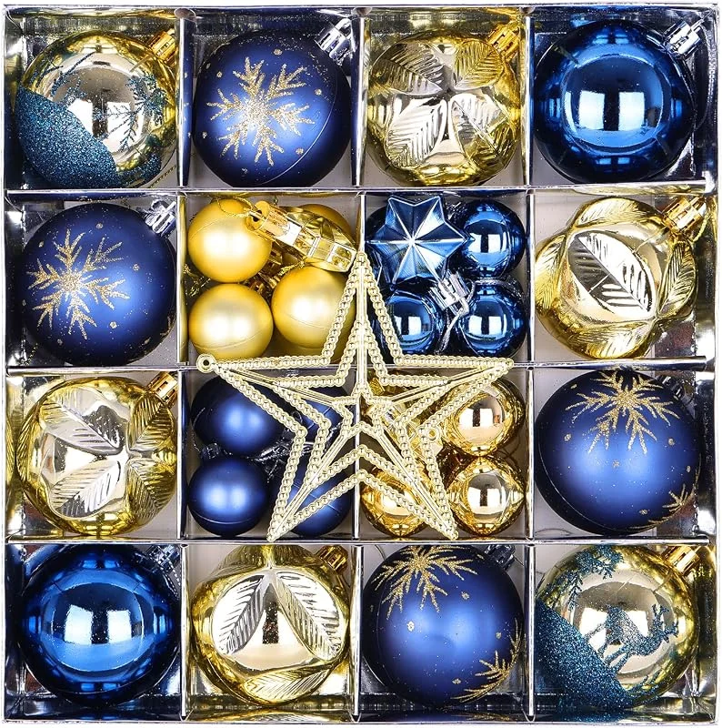 Nexalite Set de 45 Bolas navideñas Azules y Doradas, 6 cm de diámetro, irrompibles, de plástico, con Ganchos, Ideales para decoración Interior y Exterior — Decoracion Navidad