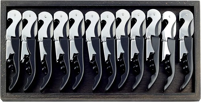 Hostelnovo – 12 uds de sacacorchos profesionales de 2 tiempos + Bandeja de madera color wengue – Acero inoxidable – color negro – ABS longitud 12 cm — Vino y mesa festiva