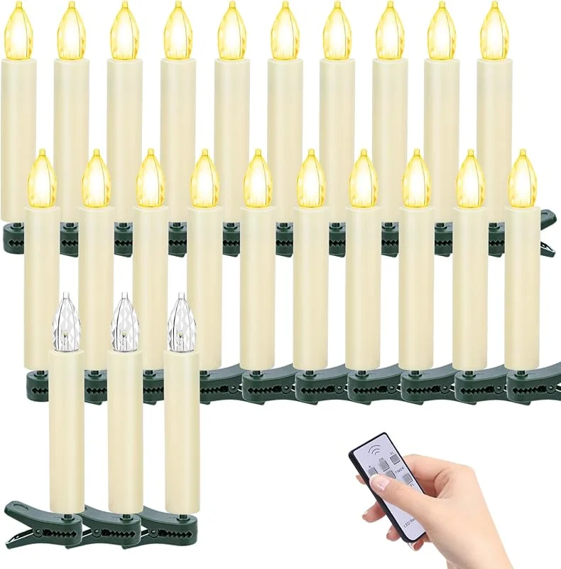 TECHLONG - 20 velas parpadeantes para árbol de Navidad, velas de clip para árbol de Navidad, funciona con pilas con control remoto, velas LED sin llama para ventana para decoración del hogar, fiesta — Luces Navidad