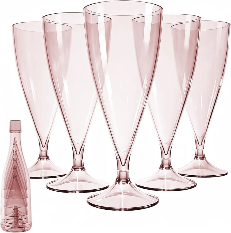 Cozary 5 Copas de Champán de Plástico, con 1 Funda para taza, 150ml Copas Vino, Vasos Resistentes y Reutilizables, para Cócteles, Postres - Bodas, Cumpleaños, Fiestas, Rosa — Vino y mesa festiva