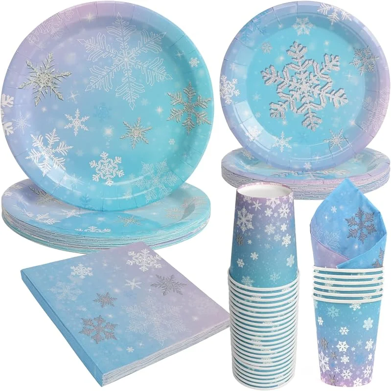 Visita la tienda de PARTY GO 96 piezas Juego de vajilla de copo de nieve Vajilla desechable de invierno Maravillas del invierno Platos con servilletas y tazas para decoración de fiesta de Navidad, Año Nuevo — Adviento y mesa