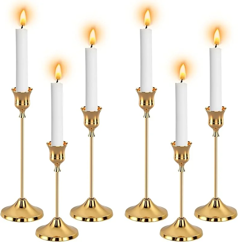 GFUEIGJ Juego de 6 portavelas dorados, velas cónicas, portavelas dorado, soporte de velas dorado para candelabros, decoración de Navidad, mesa de interior, cena de cumpleaños, aniversario, boda — Cena a la luz de velas