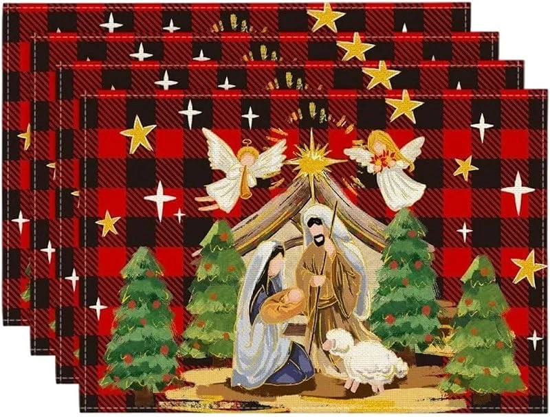 Bemvp Manteles Individuales Del Nacimiento De Jesús (4 Unidades), Manteles Individuales De Lino Con Árboles De Navidad, Manteles Individuales Antideslizantes a Cuadros Rojos Y Negros Para Cocina Y Comedor — Hogar y cocina